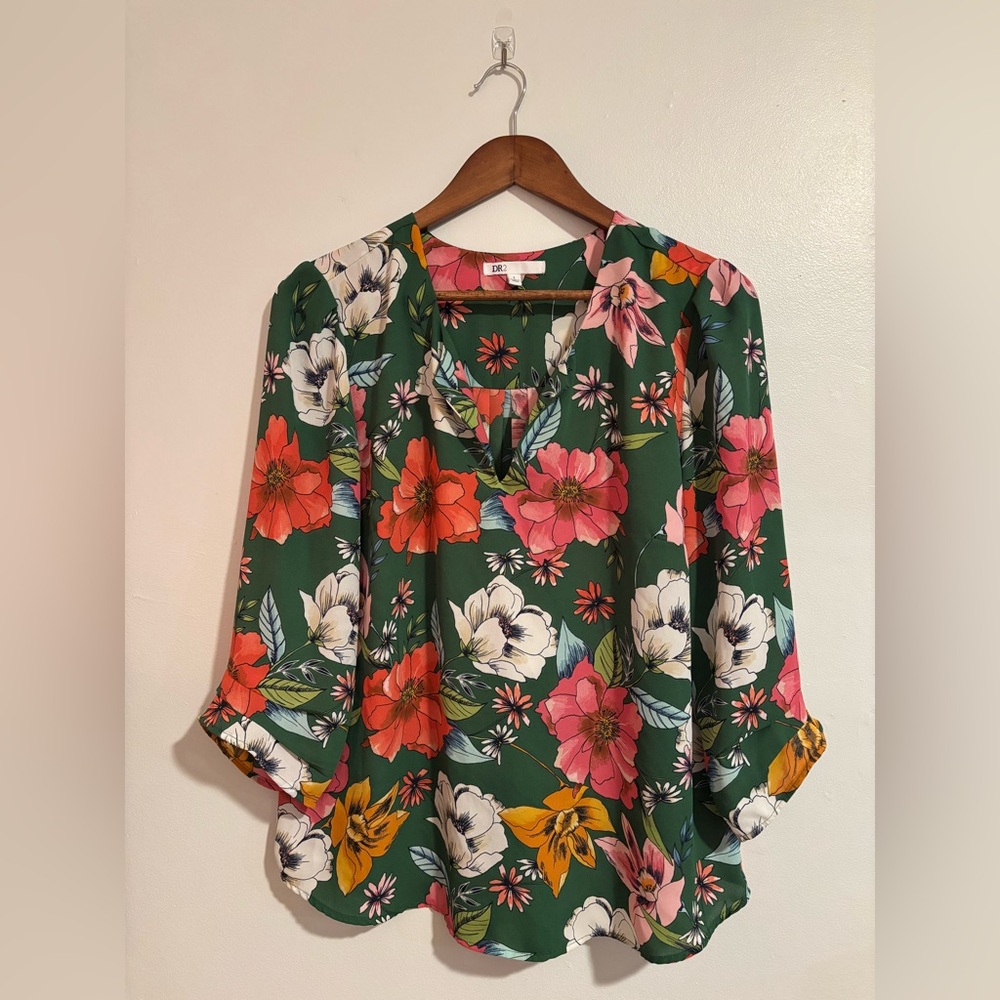 DR2 Green Floral Blouse with Pink and Yellow Accents